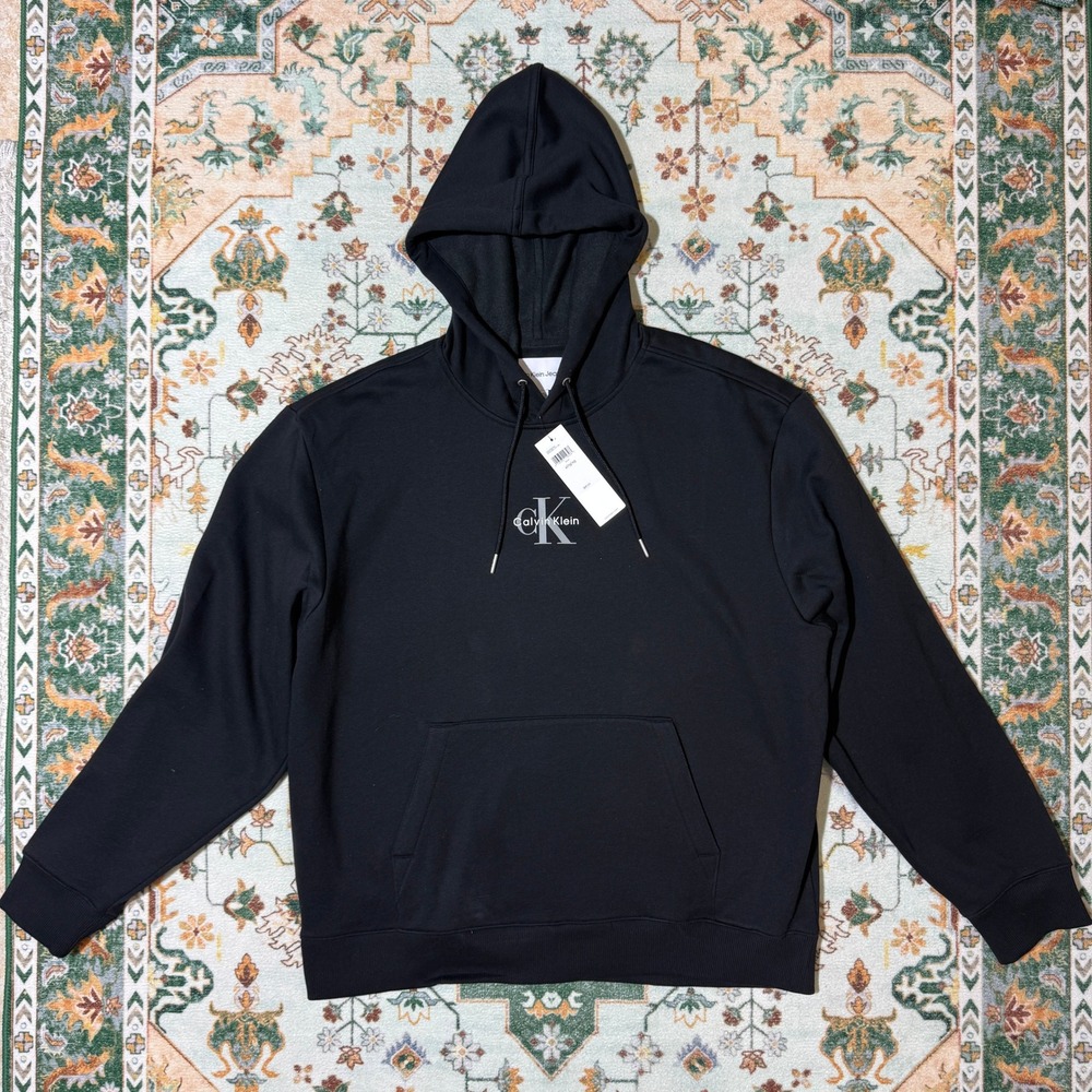 Calvin Klein Jeans Mens‎ Black Hoodie Sweatshirt Pullover Logo Size XL
